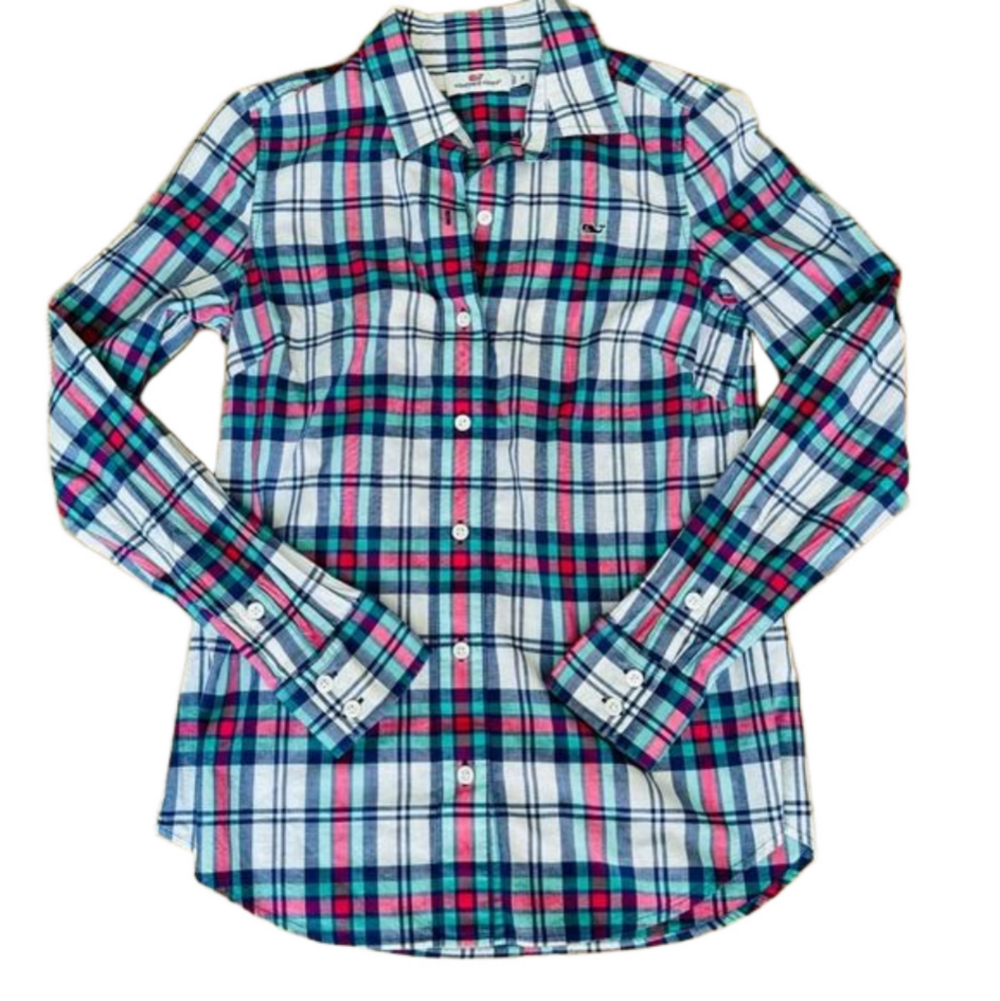 Vineyard Vines Women's Plaid Button Down Shirt Blue Pink Green Size 0